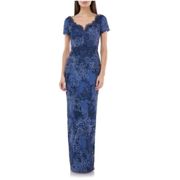 JS Collections Womens Size 2 Scalloped Neck Short Sleeve Embroidered Gown NEW - Picture 1 of 3